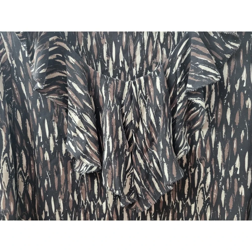 Tory Burch Silk Ruffle V-Neck Blouse 3/4 Sleeve Abstract Print Black Brown Sz 8